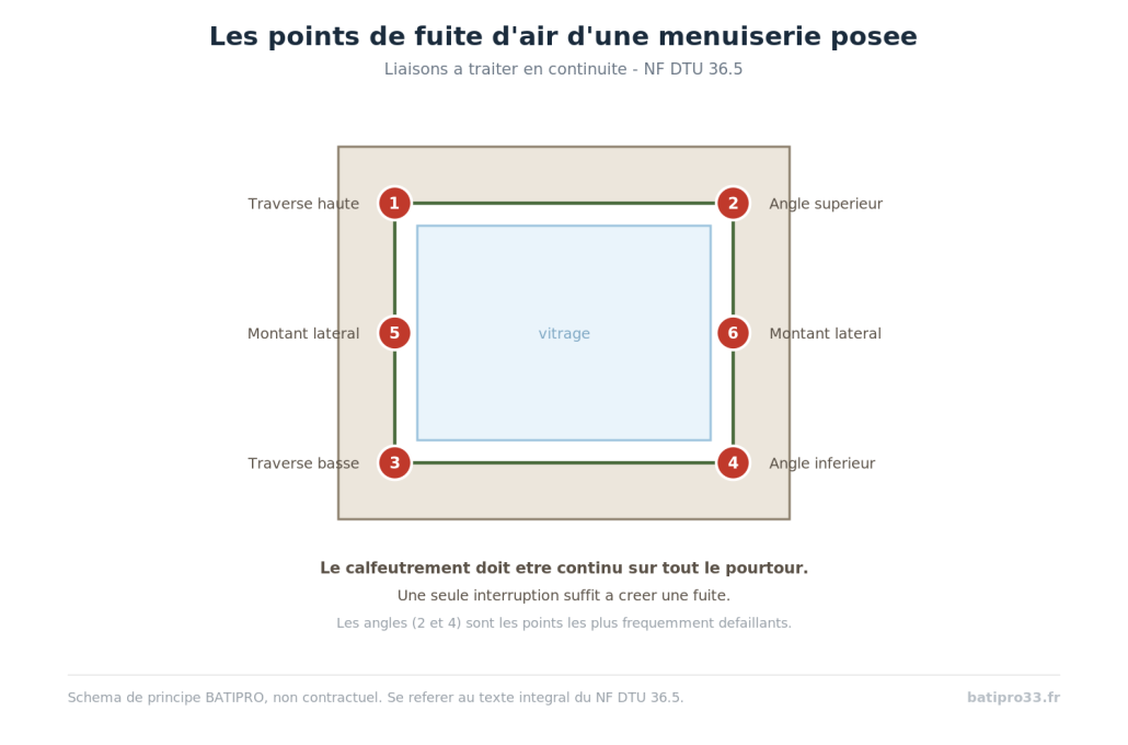 Schema des six liaisons a calfeutrer en continuite sur le pourtour d'une fenetre posee